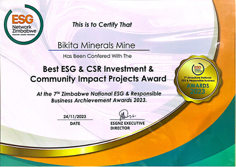 中礦資源所屬比基塔礦業榮獲津巴布韋最佳企業社會投資和社區影響項目獎
